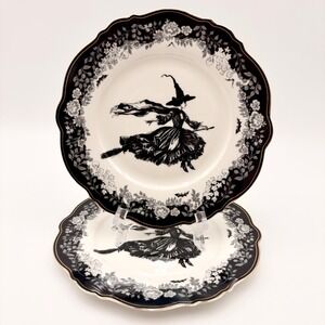 Envogue Witch Halloween Porcelain Salad Plates Set of 2 Black White Gold